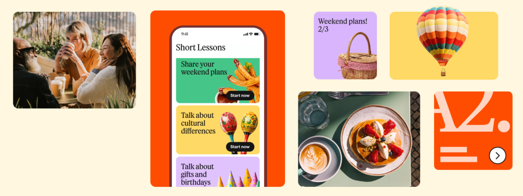 A group of three friends enjoying coffee and conversation outdoors, with a mobile app interface displayed on a smartphone showcasing language learning topics.