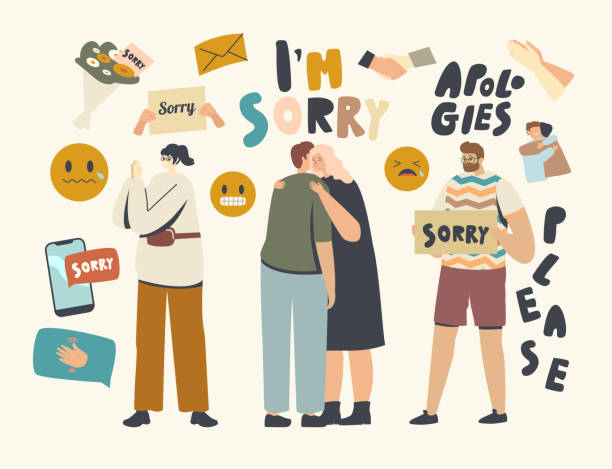 Illustration depicting various people expressing apologies, with text elements like 'Sorry', 'I’m Sorry', and 'Apologies'. The scene includes a group hug, a person holding a sign, and emotive icons.