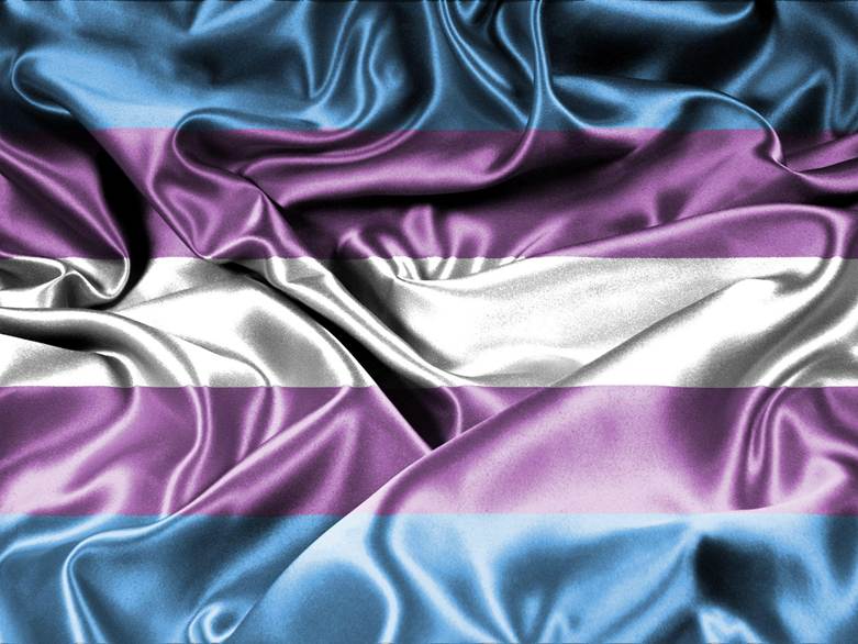 A close-up view of the transgender pride flag, featuring blue, pink, and white horizontal stripes with a silky texture.
