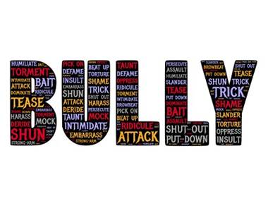 A collage of words related to bullying, such as 'humiliate,' 'torment,' 'tease,' 'mock,' and 'attack,' arranged to form the word 'BULLY.'