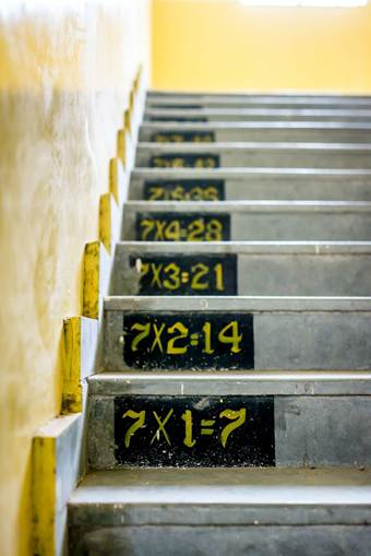Close-up of concrete stairs with math multiplication problems written on each step