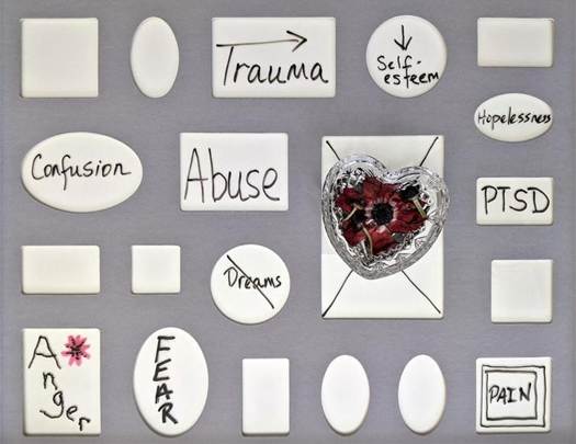 A collage of tiles with words related to trauma, including 'Trauma', 'Abuse', 'Anger', 'Fear', 'PTSD', 'Hopelessness', and 'Self-esteem', arranged on a light background.