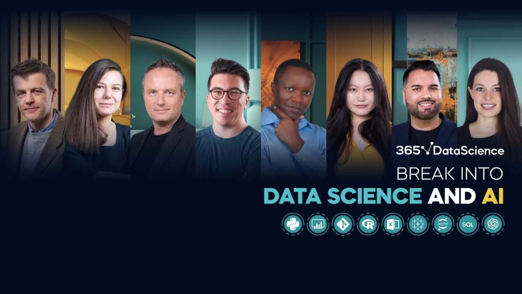 A diverse group of professionals showcasing their expertise in data science and AI, featuring the 365 Data Science branding.