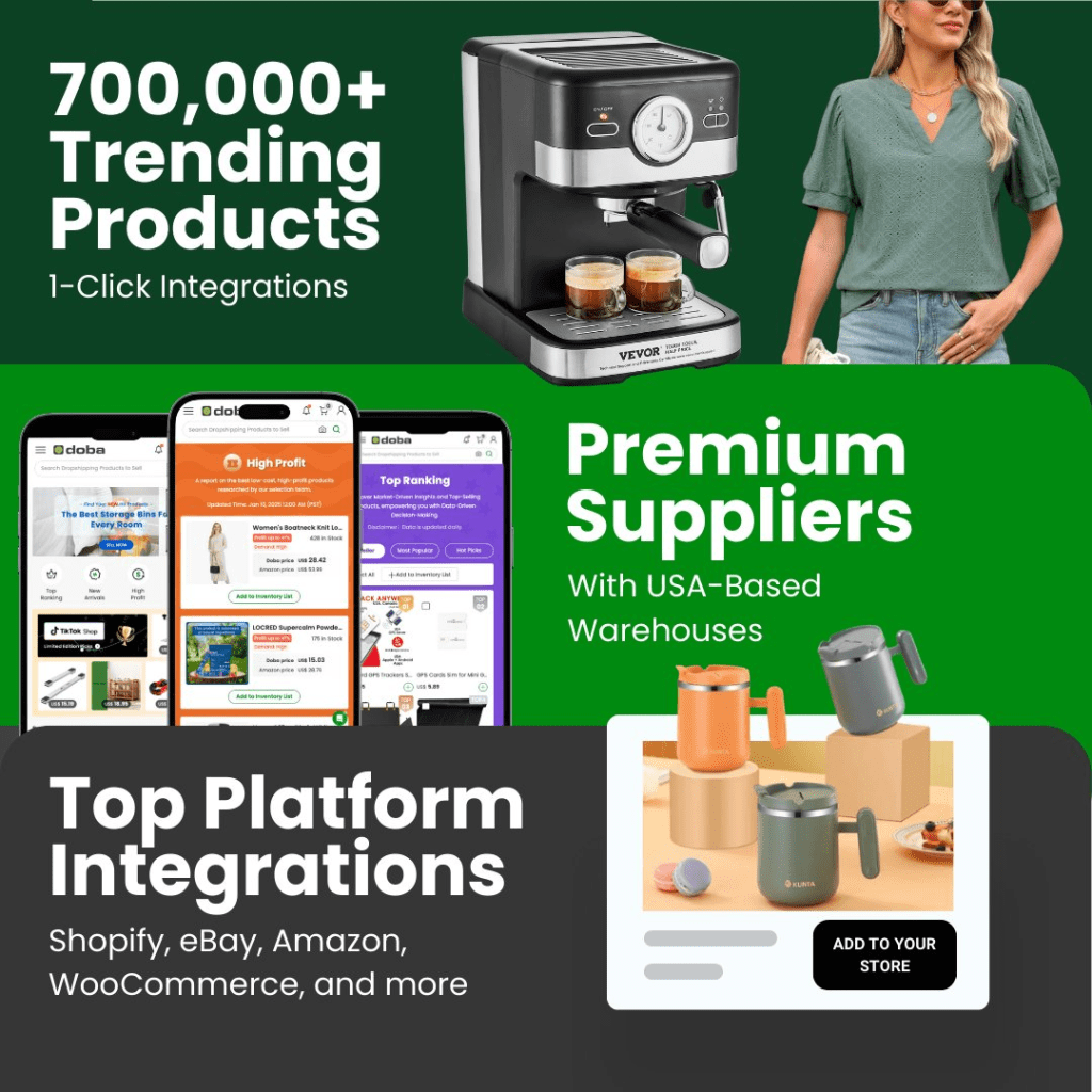 Graphic showcasing Doba's e-commerce offerings, featuring trending products, an espresso machine, mobile app displays, and highlights of premium suppliers with USA-based warehouses.