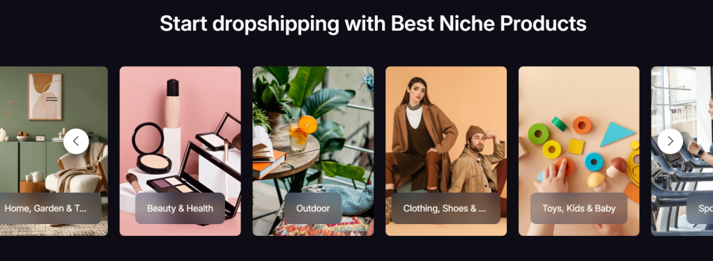 A collage of images promoting dropshipping with categories including Home, Garden & Tools, Beauty & Health, Outdoor, Clothing, Shoes & Accessories, Toys, Kids & Baby, and Sports.