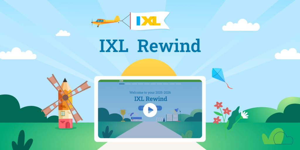 Colorful illustration featuring the IXL logo, a windmill, and a laptop displaying the IXL Rewind welcome message against a sunny sky with clouds and a kite.