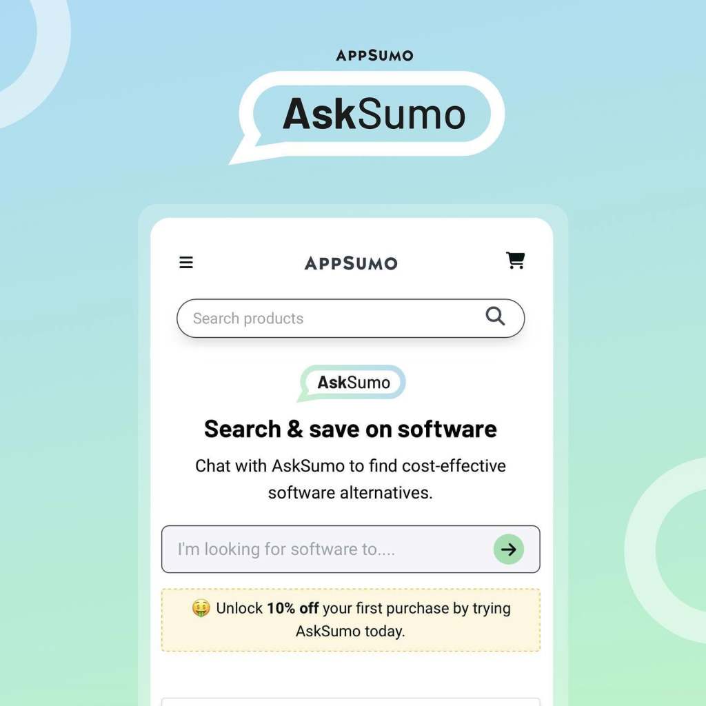 Screenshot of the AskSumo webpage featuring a search bar for software products, a promotional message about saving on software, and a discount offer.