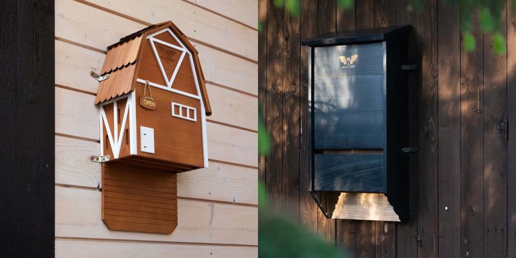 Two distinct mailboxes mounted on exterior walls: a brown barn-shaped mailbox with white accents and an 'OPEN' sign on the left, and a sleek black mailbox with a decorative butterfly logo on the right.