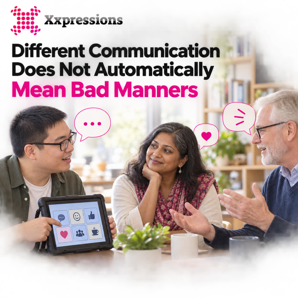A diverse group of three people engaged in a friendly discussion around a table with a tablet displaying communication icons, emphasizing different communication styles.