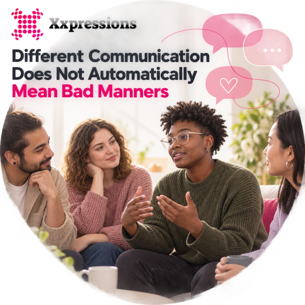 A group of four young adults engaging in a discussion, highlighting expressions related to communication and manners.