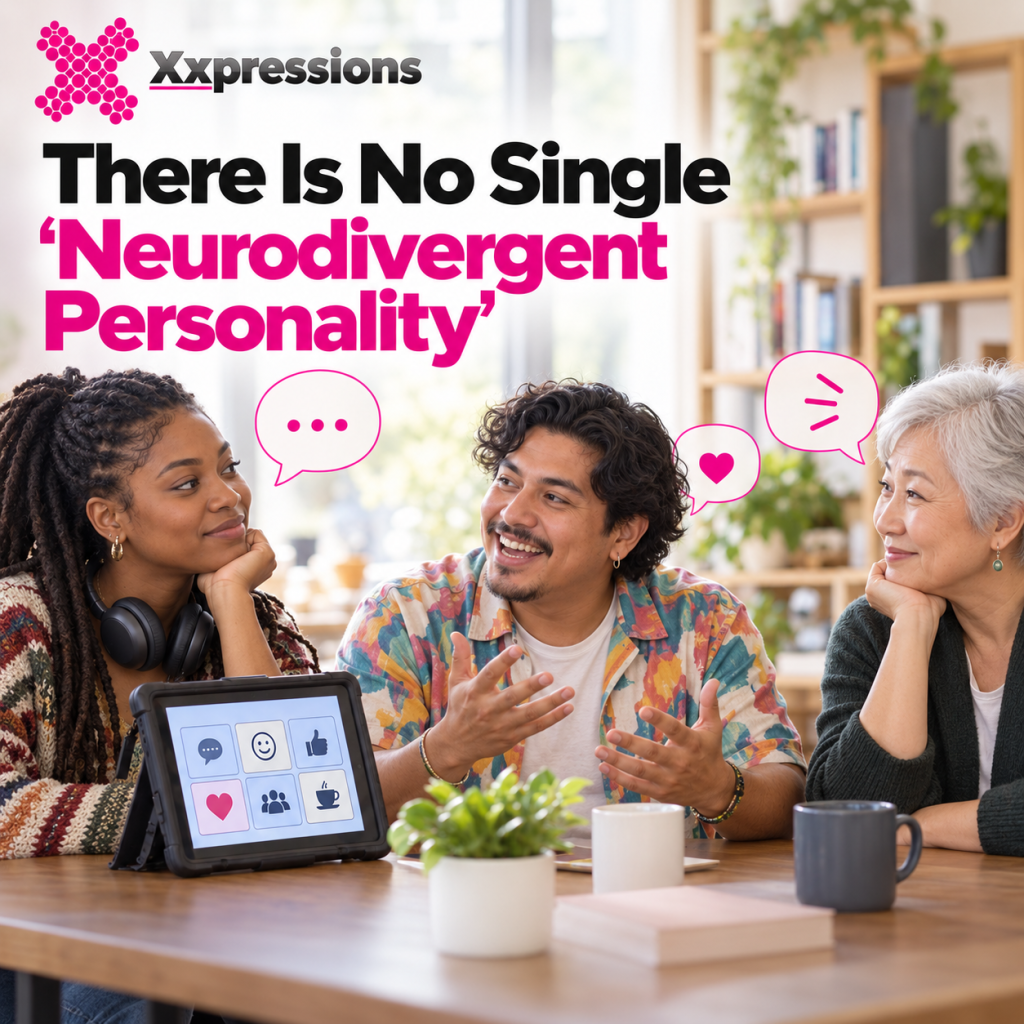 Two adults and a young woman engaged in a discussion at a table with an electronic tablet displaying social media icons, featuring text about neurodiversity.