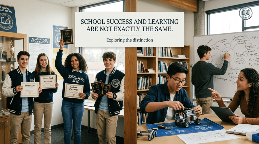Split school scene contrasting student awards with collaborative engineering learning; text reads “School success and learning are not exactly the same. Exploring the distinction.”