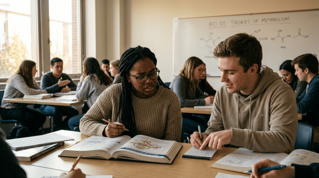 Two students study biology together while classmates work in a classroom.