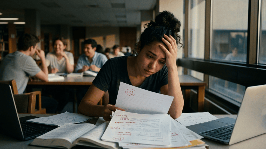 Stressed student reviewing low-graded papers at a study table