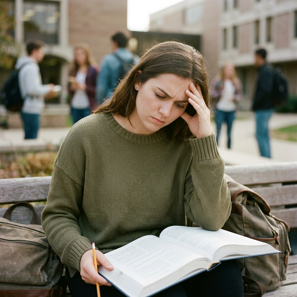 Student holding a pencil and studying an open textbook on a campus bench