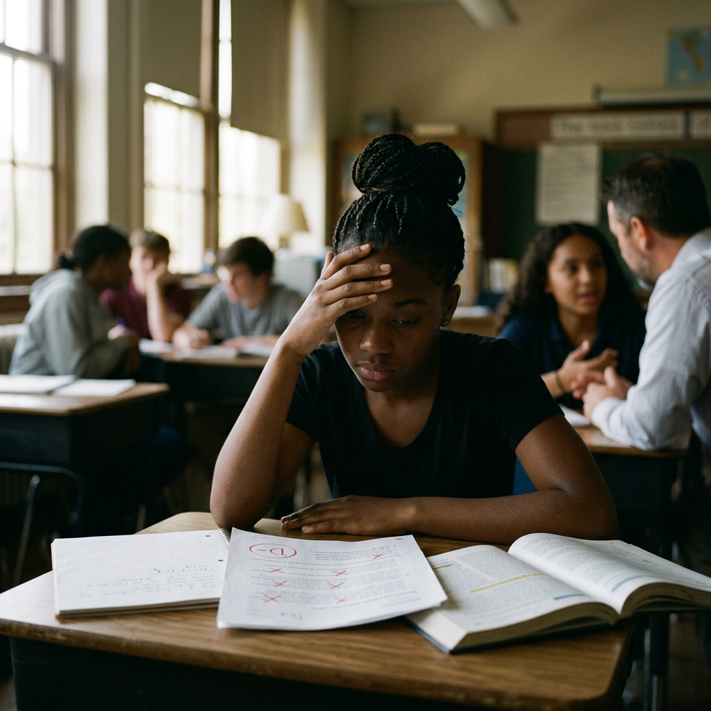 Student holding her forehead over marked coursework at a classroom desk