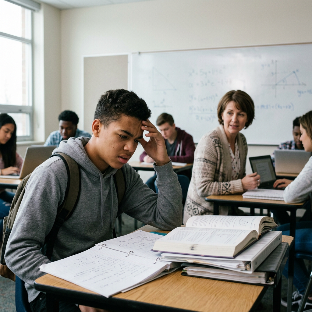 Student studying with open textbooks and notes in a classroom
